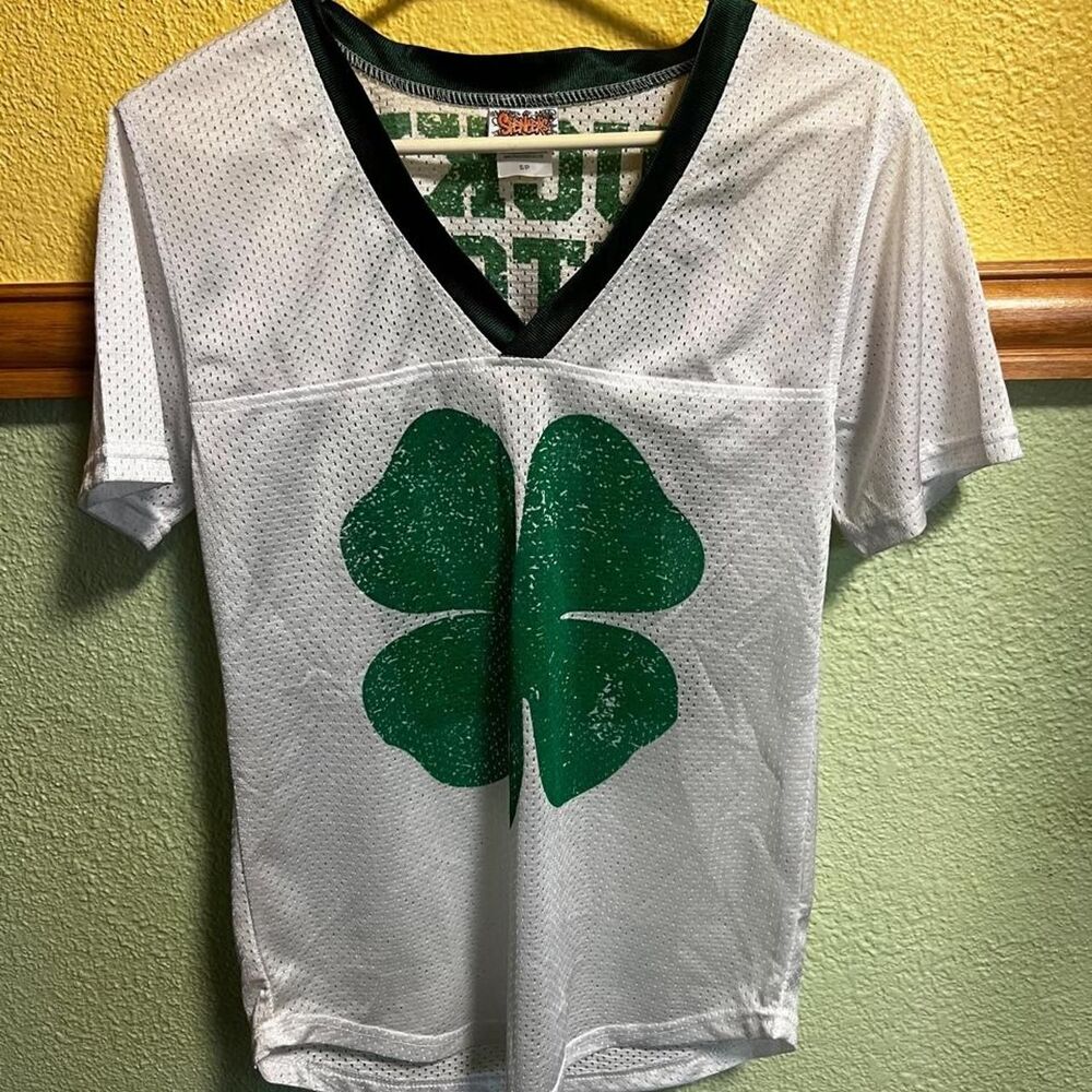 Spencer’s Y2K Rave Green & White Shamrock Jersey | Lucky Graphic Top | S